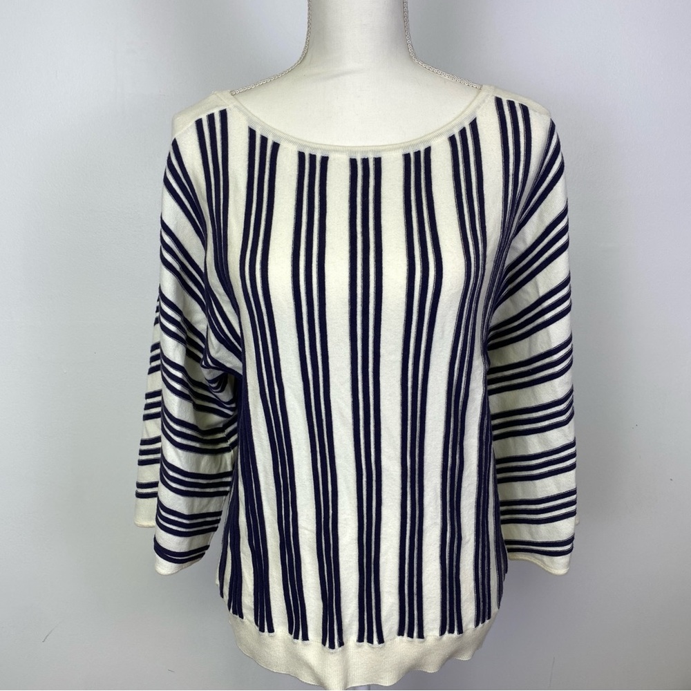 Liverpool Los Angeles Navy and Cream Striped Boatneck Sweater Dolman Sleeves